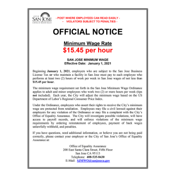 City of San Jose Official Minimum Wage Bulletin